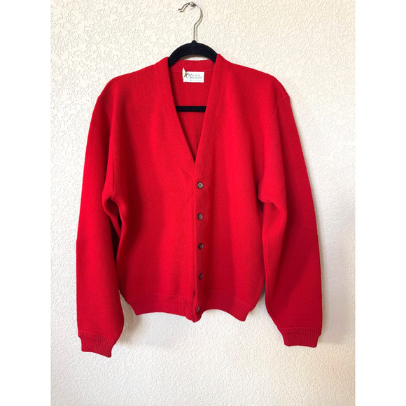 Vtg Ober's Lord Jeff 100% Wool Cardigan Sweater Men Large Red Grandpa Golf - Picture 1 of 8